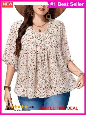 Plus Size Chiffon Blouse 3/4 Ruffle Sleeve V-Neck Tunic Top